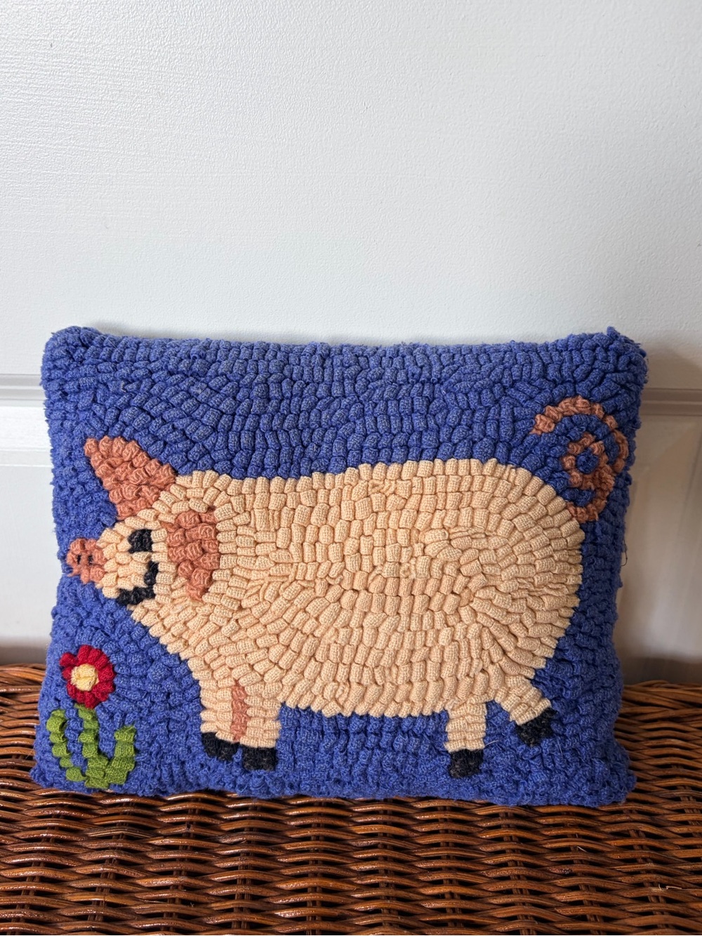 Vintage Primitive Handmade wool Hooked Pillow pig with flower 8 x 11